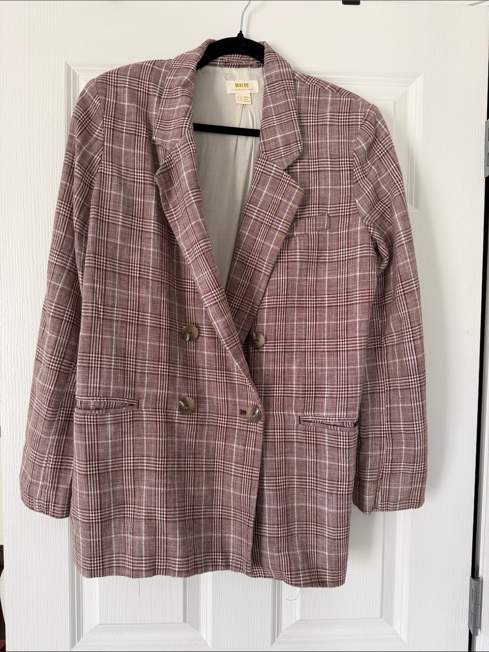 Maeve by Anthropology Women's Double-Breasted Plaid Blazer - Dusty Rose